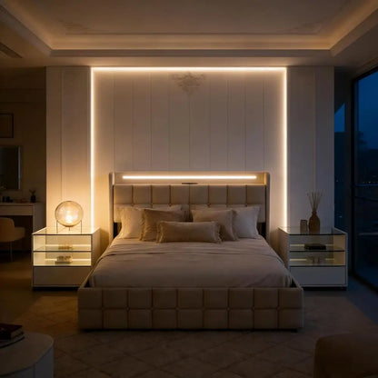 Double Bed 160x200cm with storage, Padded with Slatted Base, USB Ports, RGB Lights, Ideal for Teens