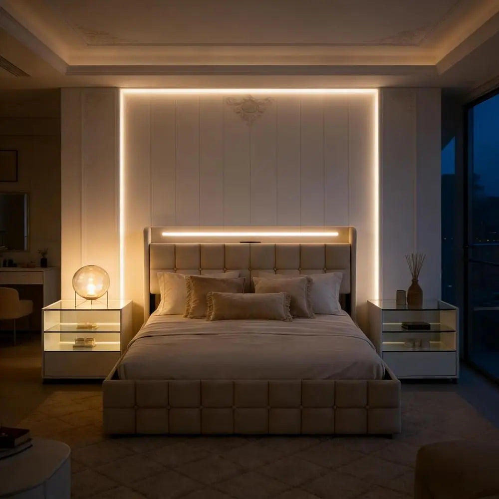 Double Bed 160x200cm with storage, Padded with Slatted Base, USB Ports, RGB Lights, Ideal for Teens