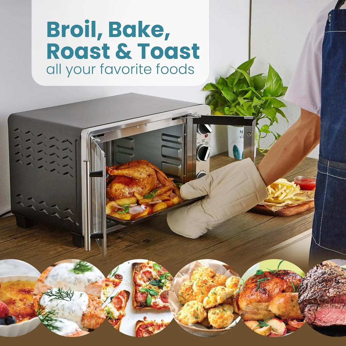 Double French Door Toaster Oven with 25L Capacity, Bakes, Broils, Toasts, Keeps Warm, Fits 12" Pizza in Stainless Steel & Black
