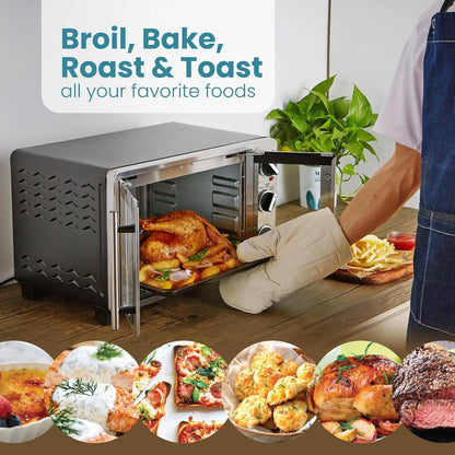 Double French Door Toaster Oven with 25L Capacity, Bakes, Broils, Toasts, Keeps Warm, Fits 12" Pizza in Stainless Steel & Black