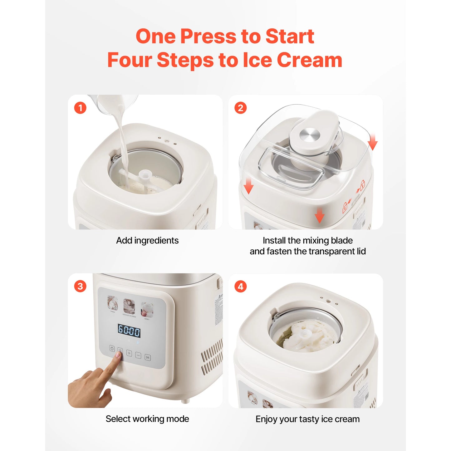 Upright Automatic Ice Cream Maker with Built-in Compressor, 1 Quart No Pre-freezing, Gelato,  Frozen Yogurt