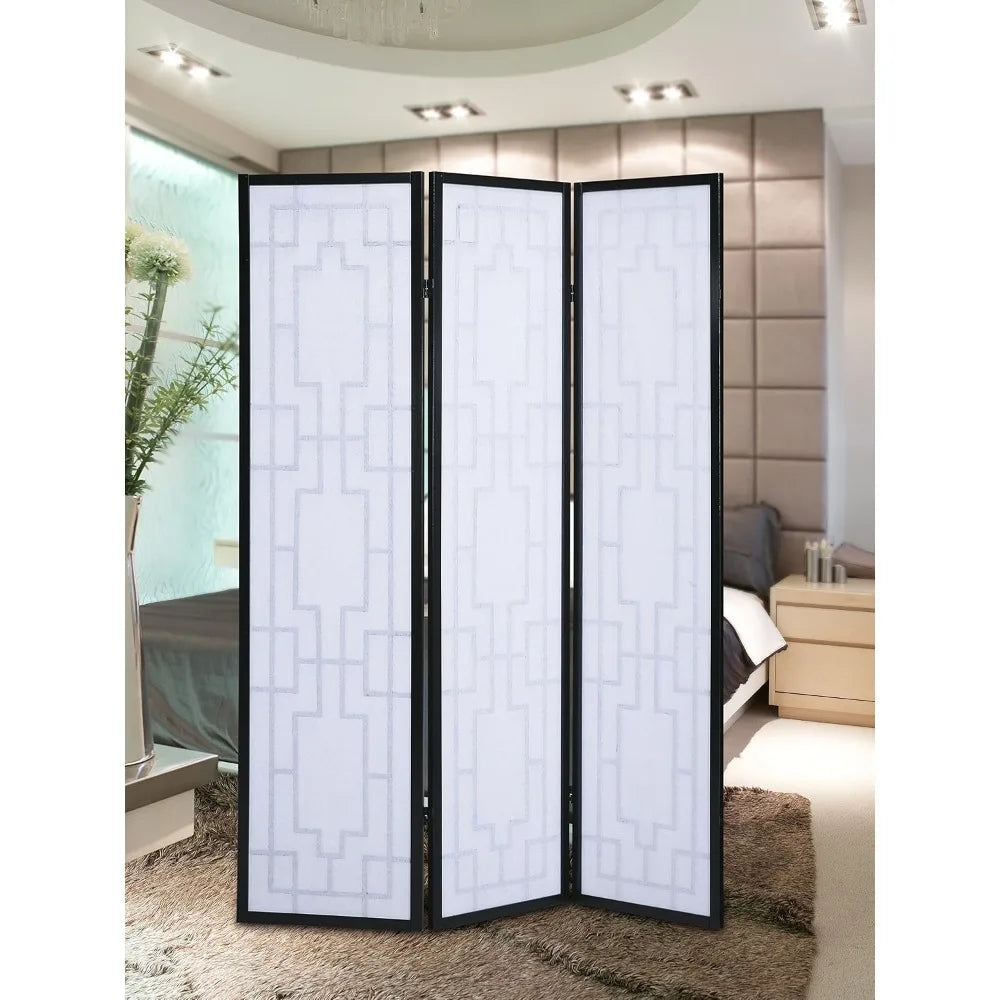 3 Panel Room Divider, Black, Solid Pine Wood, Geometric Lattice Design