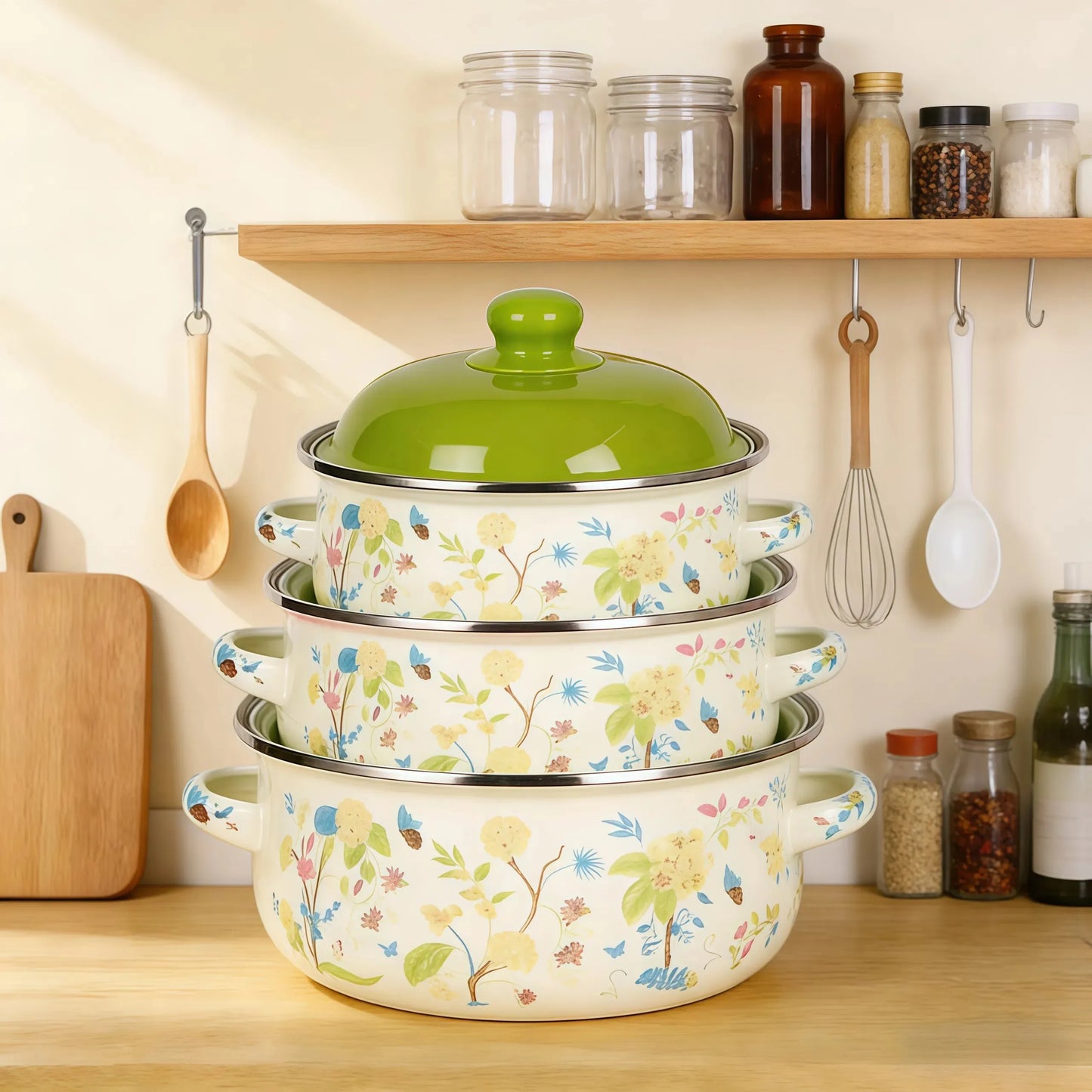 3Pcs Vintage Enamel Stock Pot Set with Lid,34oz/51oz/68oz Retro Flower