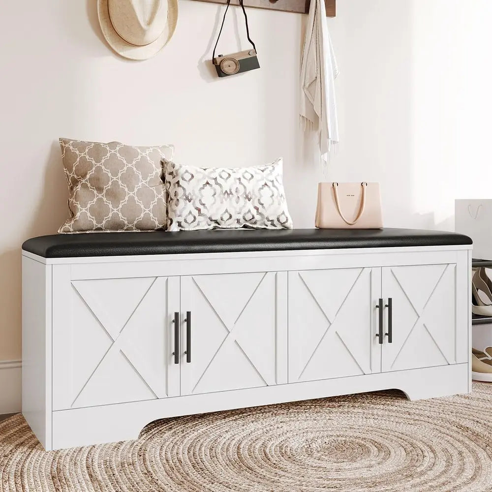 Farmhouse Storage Bench with Lift Top Storage, 47.2 Entryway Bench with Cushioned Seat, End of Bed Bench, Wooden Storage Chest