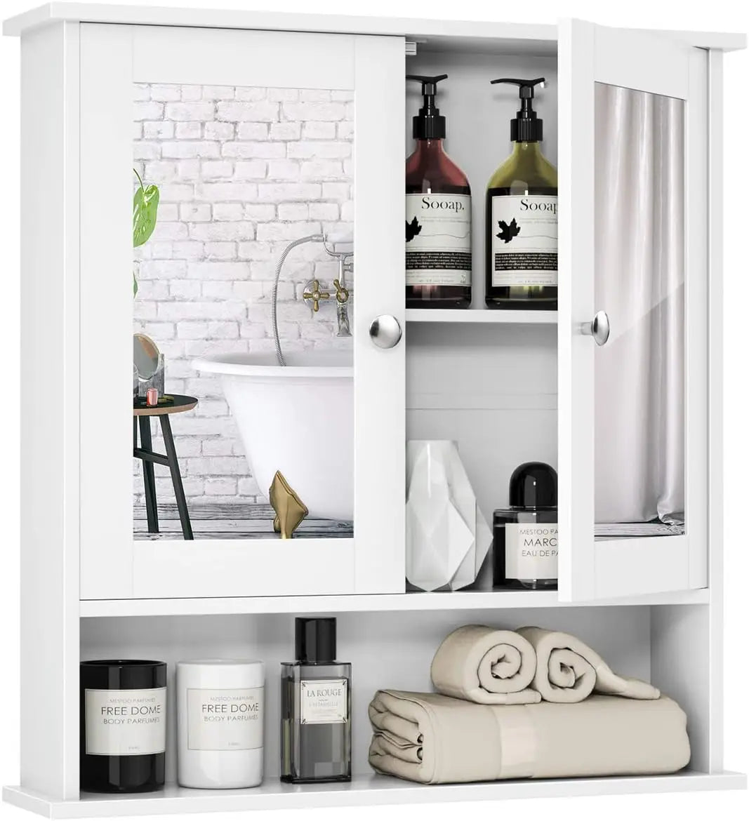 Bathroom Medicine Cabinet With Mirror, Wall Mounted Wooden Organizer With Doors And Shelves