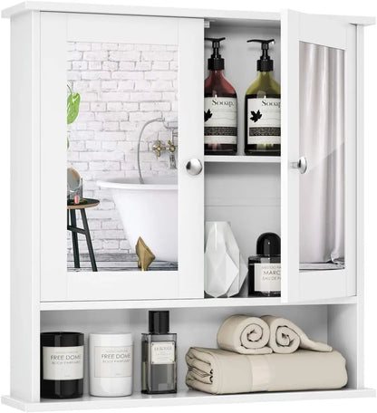 Bathroom Medicine Cabinet With Mirror, Wall Mounted Wooden Organizer With Doors And Shelves
