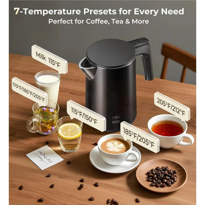 1L 1200W Stainless Steel Electric Kettle with 7 Temperature Settings, 4 Hour Keep Warm, Fast Boil, Auto Shut Off, Black
