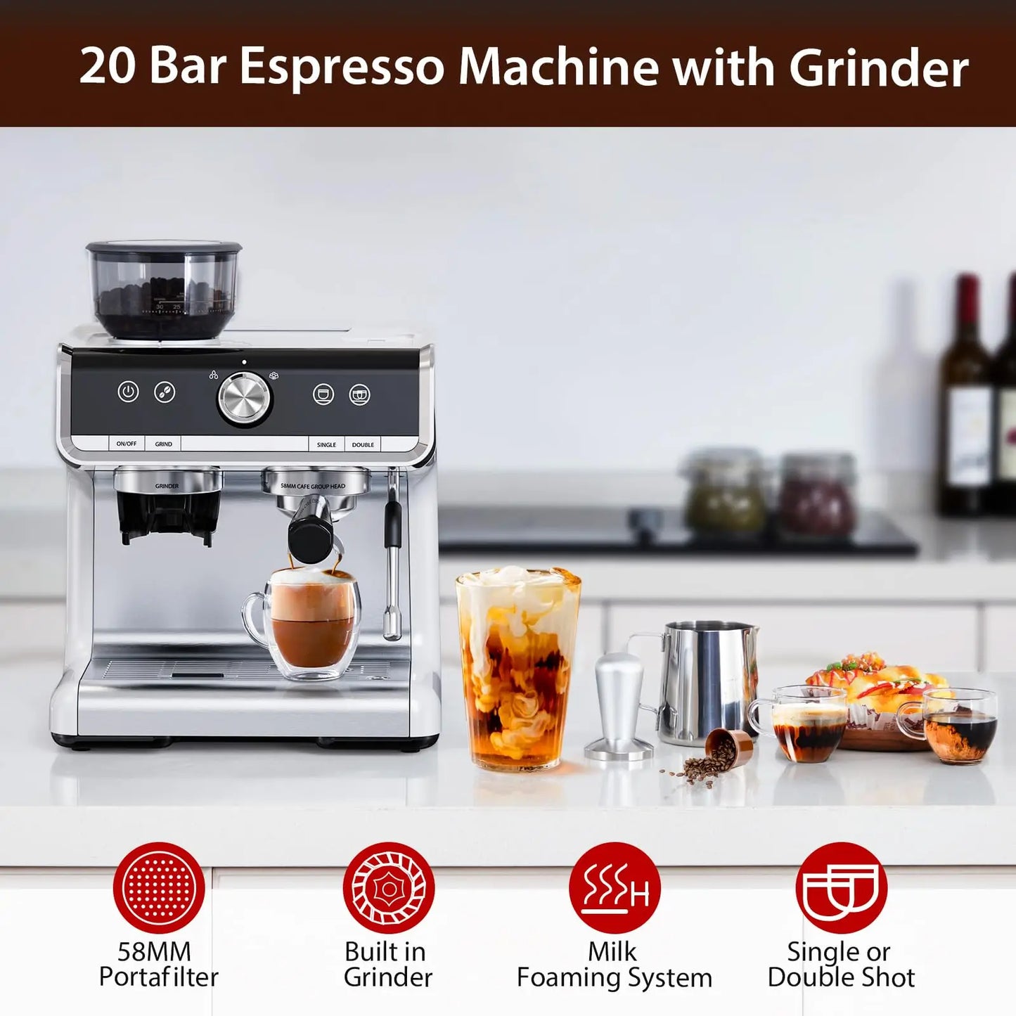 Semi-Automatic Professional Coffee Machine With Bean Grinder & Steam Wand