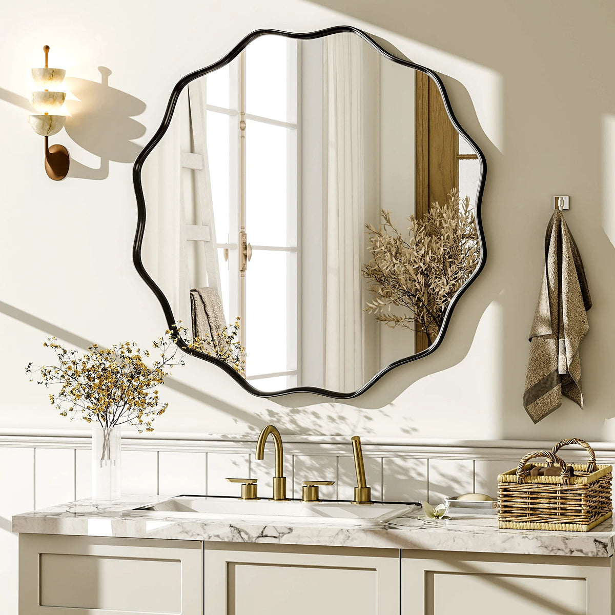 Decorative Wavy Round Bathroom Mirror with Deep Frame