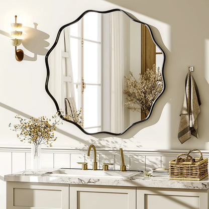 Decorative Wavy Round Bathroom Mirror with Deep Frame