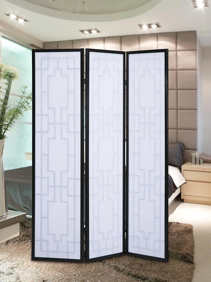 3 Panel Room Divider, Black, Solid Pine Wood, Geometric Lattice Design