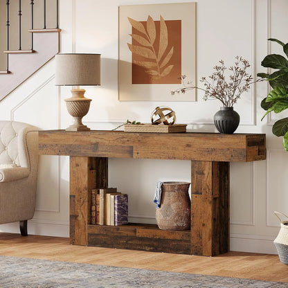 63" Console Table, Farmhouse 2-Tier Entryway Table with U-Shaped Base, Narrow Long Wood Sofa Table, Behind Couch Table