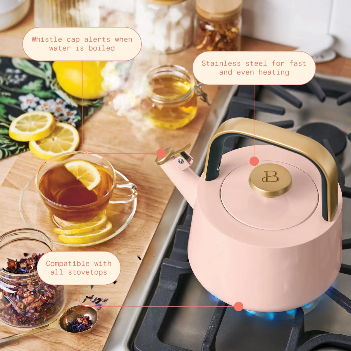 Beautiful 1.8L Ceramic Non-Stick Stovetop Tea Kettle, Sage Green by Drew Barrymore