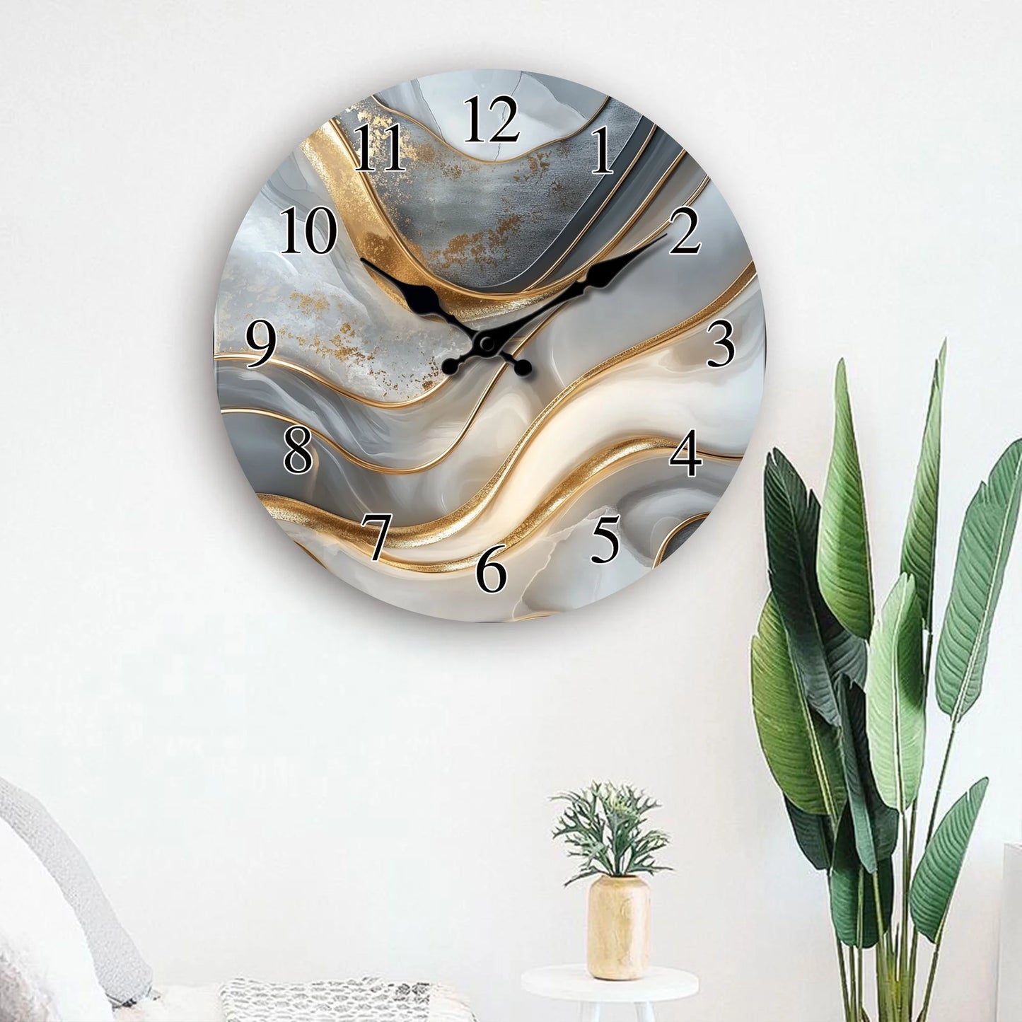 A Luxurious Golden Fluid Marble-Patterned Wooden Wall Clock