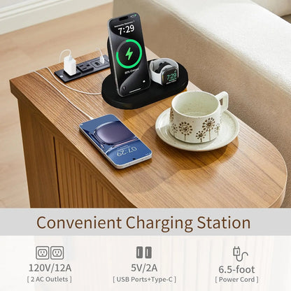 Nightstands with Charging Station, Narrow Side Table with Storage Doors and Shelves, for Small Spaces, Walnut