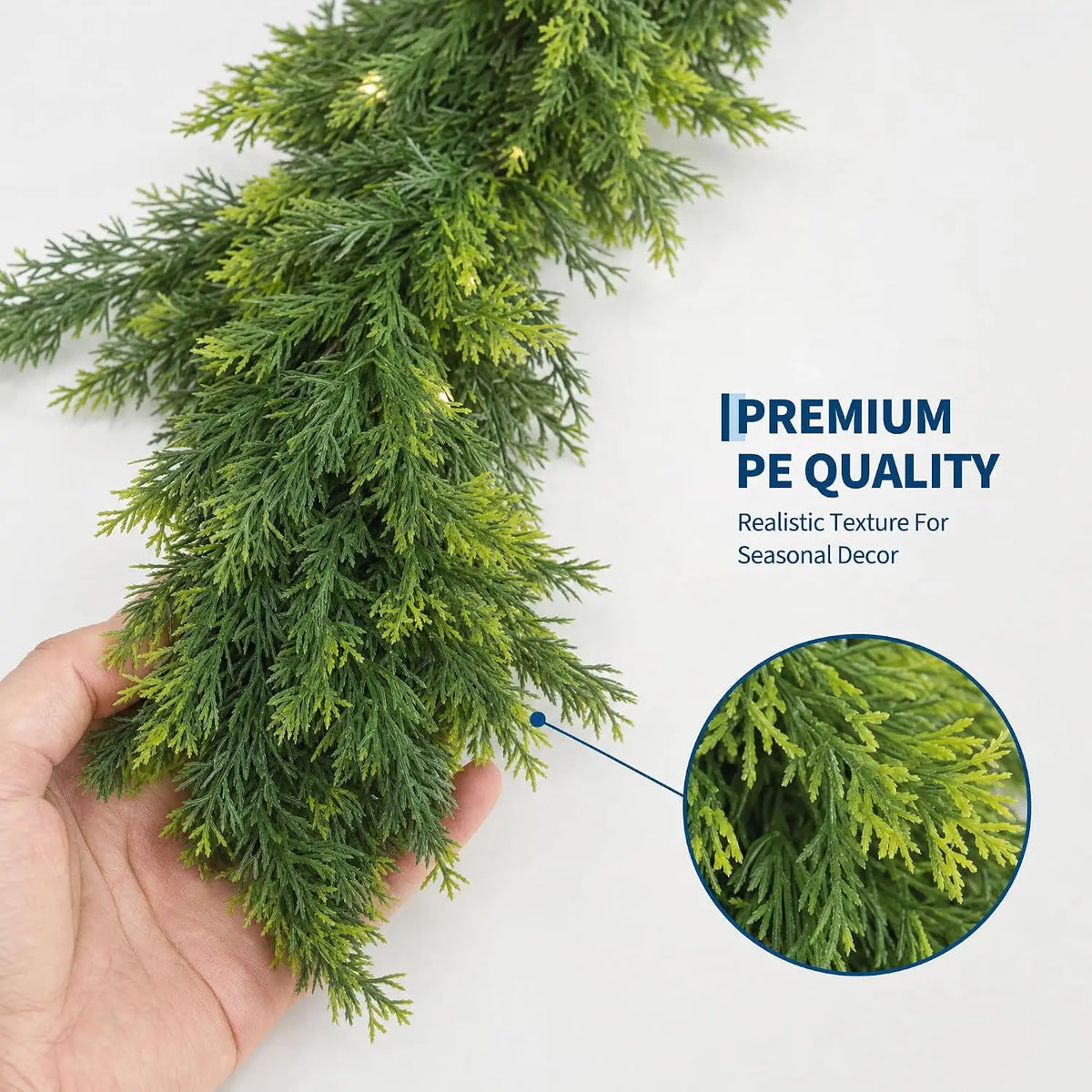 9Ft Norfolk Pine Christmas Garland,  Artificial Layered Faux Greenery, Christmas Wreaths with 50 Led Lights 8 Lighting Modes for Home Party Decoration Outdoor Yard Pine Rattan Hanging Ornaments