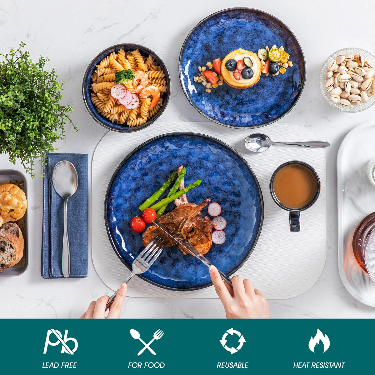 16/32-Piece Starry Blue Dinner Set, Kiln Glaze Tableware Dinner Set with Dinner Plate, Dessert Plate, Bowl