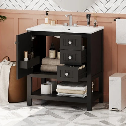 Bathroom Vanity Cabinet Combo, 30 Inch with Ceramic Sink, Soft-Close Doors, Solid Wood Frame, Waterproof for Small Bathroom Storage
