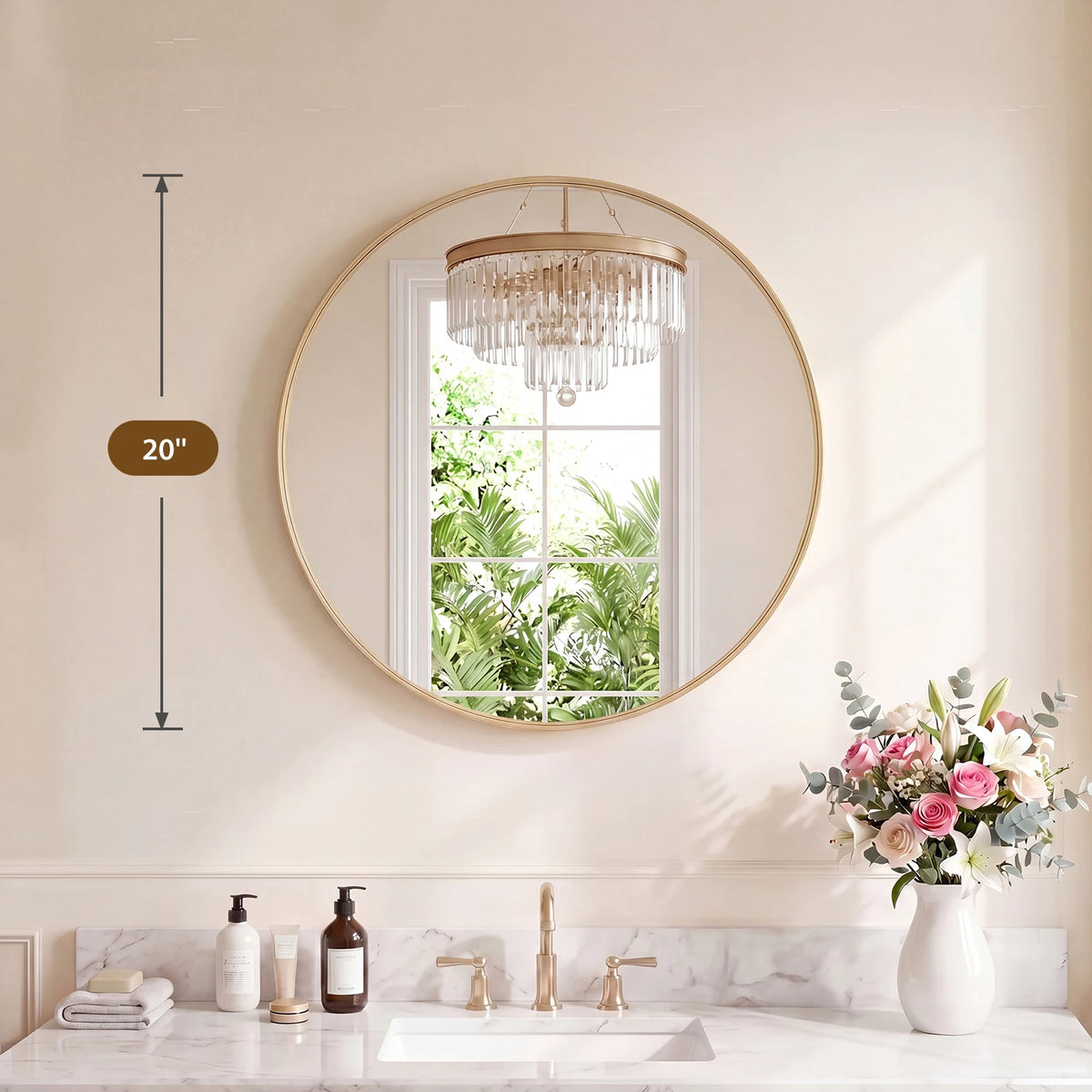 Groove Gold Round Vanity Framed Mirror for Wall, Bathroom Mirror for Over Sink with Matte Metal Frame, Wall Mount