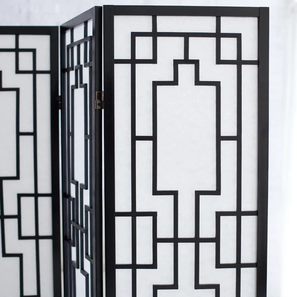 3 Panel Room Divider, Black, Solid Pine Wood, Geometric Lattice Design