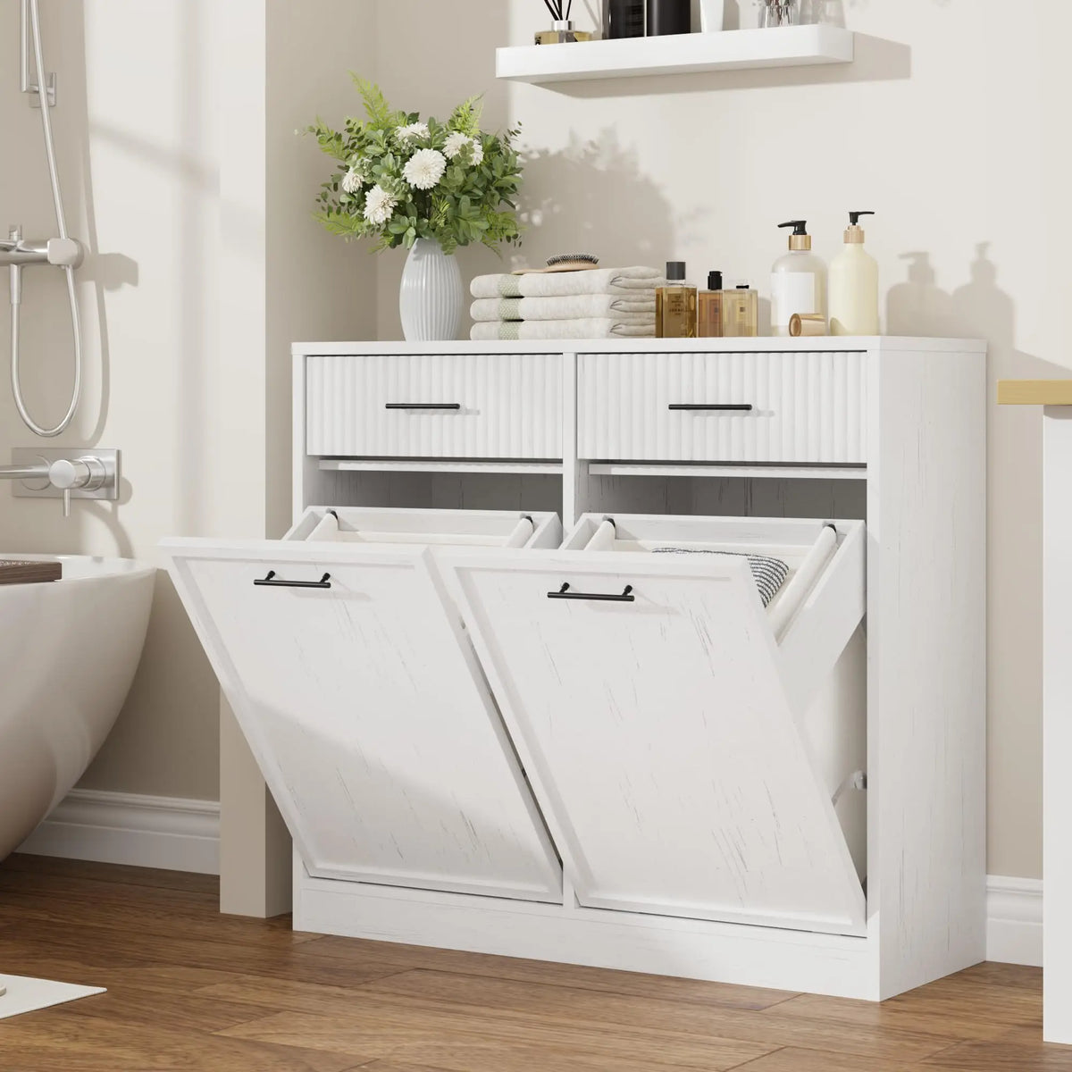 Tilt Out Laundry Hamper Cabinet With Drawer And Baskets, Wooden Laundry Basket For Bathroom ojr Bedroom