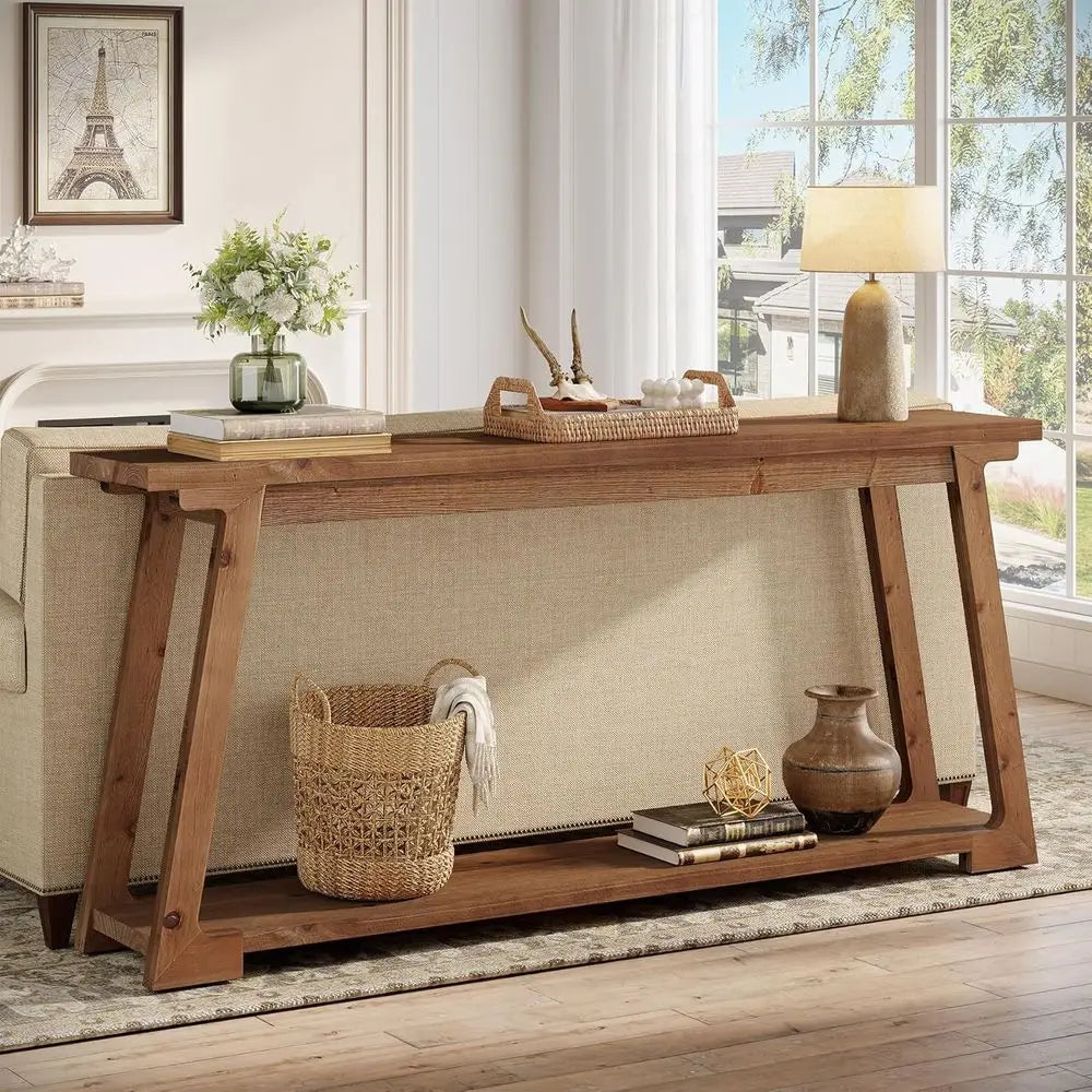 Solid Wood Table, 63-Inch with 2-Tier Storage