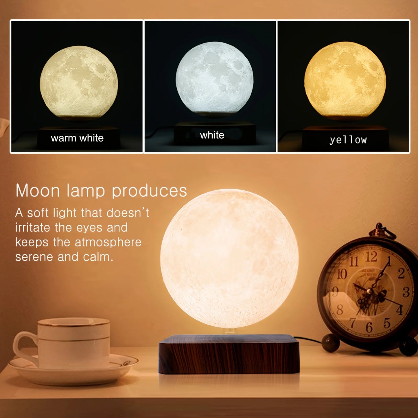3 Color LED Magnetic Floating Rotating Moon Lamp with Wooden Base