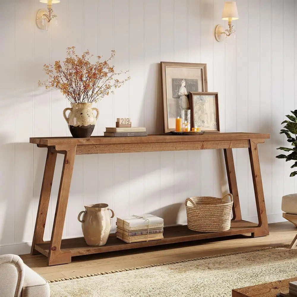 Solid Wood Table, 63-Inch with 2-Tier Storage