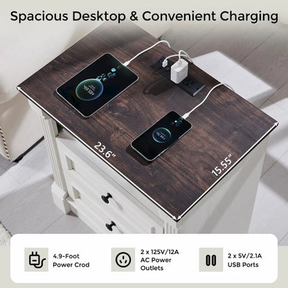 26" Farmhouse Nightstand Set with 3 Drawers, Charging Station, and Rustic Roman Column Design