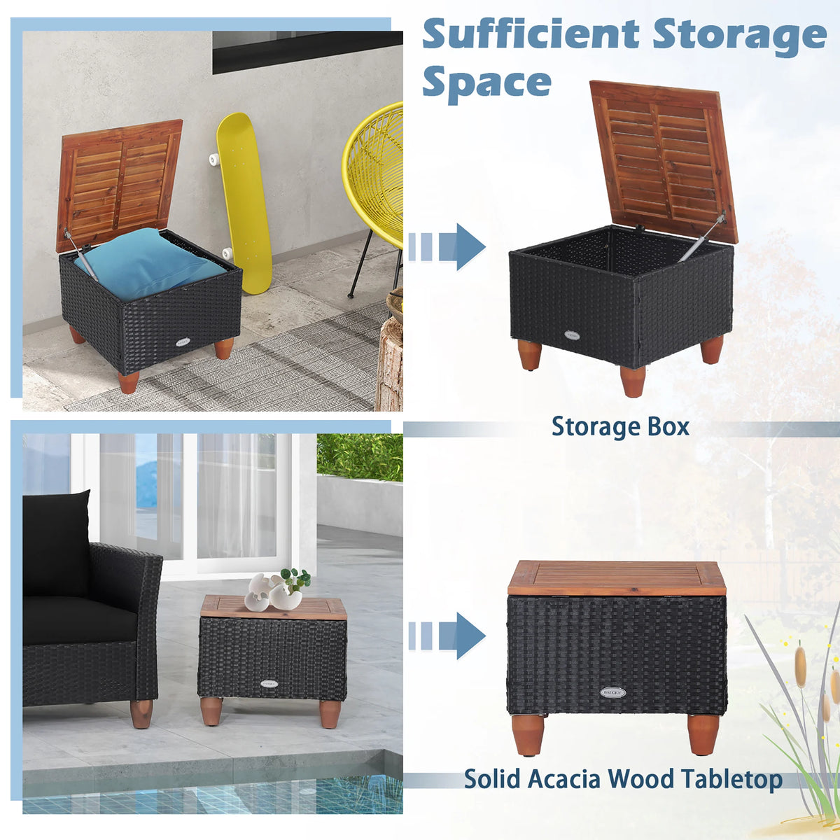 3PCS Patio Rattan Furniture Set, Cushioned Sofa, Storage Table with Wood Top, Black