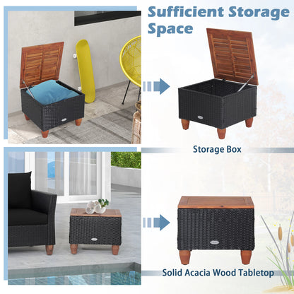 3PCS Patio Rattan Furniture Set, Cushioned Sofa, Storage Table with Wood Top, Black