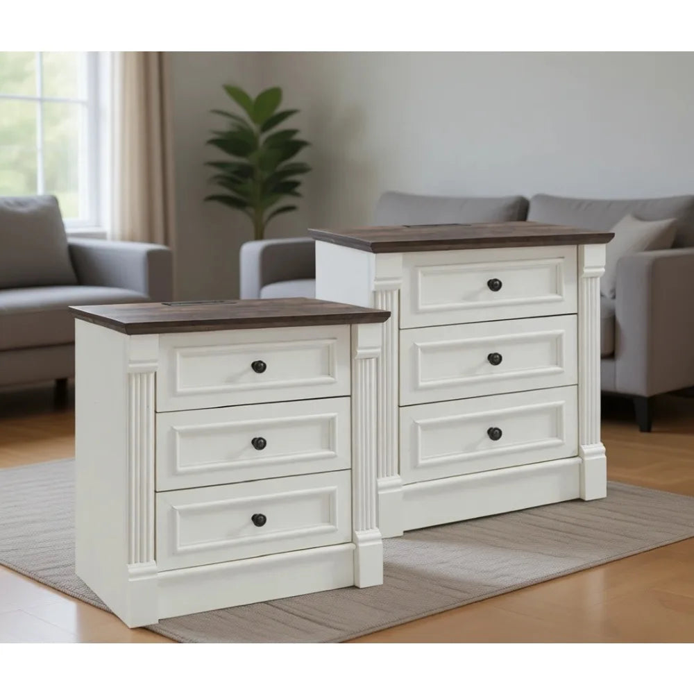 26" Farmhouse Nightstand Set with 3 Drawers, Charging Station, and Rustic Roman Column Design