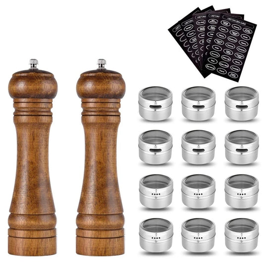Wood Salt & Pepper Mill and Magnetic Spice Jars Set, Grinders with Adjustable Ceramic Rotor KC0215