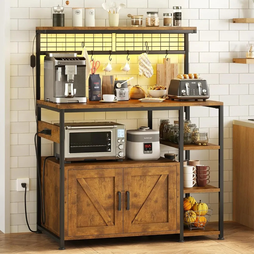 Bakers Rack with Power Outlet and LED Light, Microwave Stand with Storage Cabinet