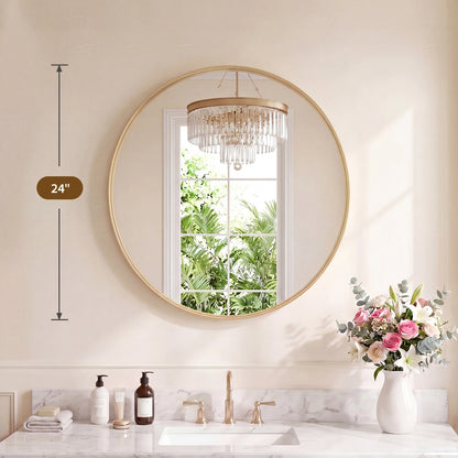 Groove Gold Round Vanity Framed Mirror for Wall, Bathroom Mirror for Over Sink with Matte Metal Frame, Wall Mount