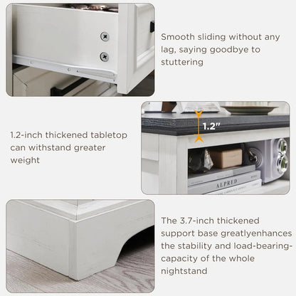 18 Inch Farmhouse Nightstands Set of 2, 2 Drawer Storage & Charging Station