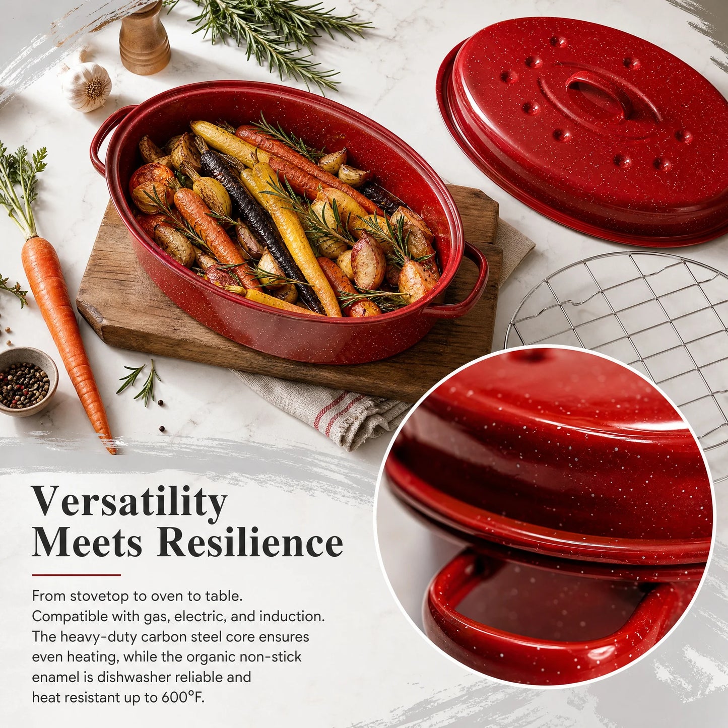 16 Inch Roasting Pan with Lid-Enamel Carbon Steel-Excellent Heat Distribution and Non-stick