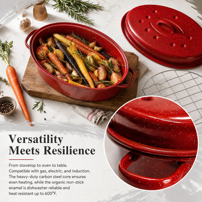 16 Inch Roasting Pan with Lid-Enamel Carbon Steel-Excellent Heat Distribution and Non-stick