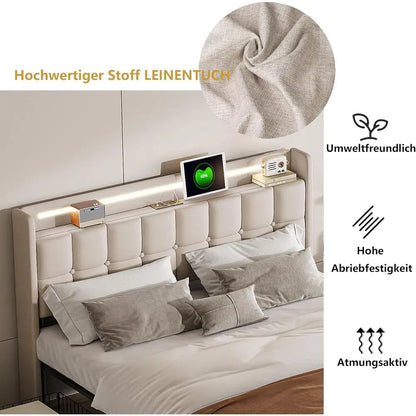 Double Bed 160x200cm with storage, Padded with Slatted Base, USB Ports, RGB Lights, Ideal for Teens