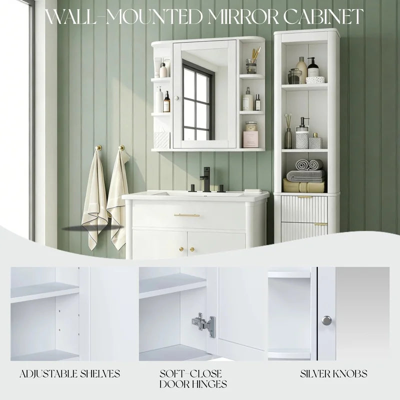 White Bathroom Wall Cabinet with Mirror, Adjustable Shelf, 6 Open Shelves, with Doors