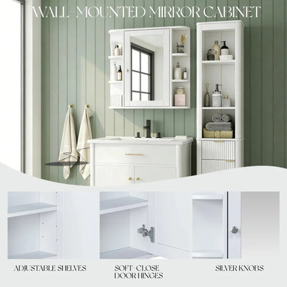 White Bathroom Wall Cabinet with Mirror, Adjustable Shelf, 6 Open Shelves, with Doors