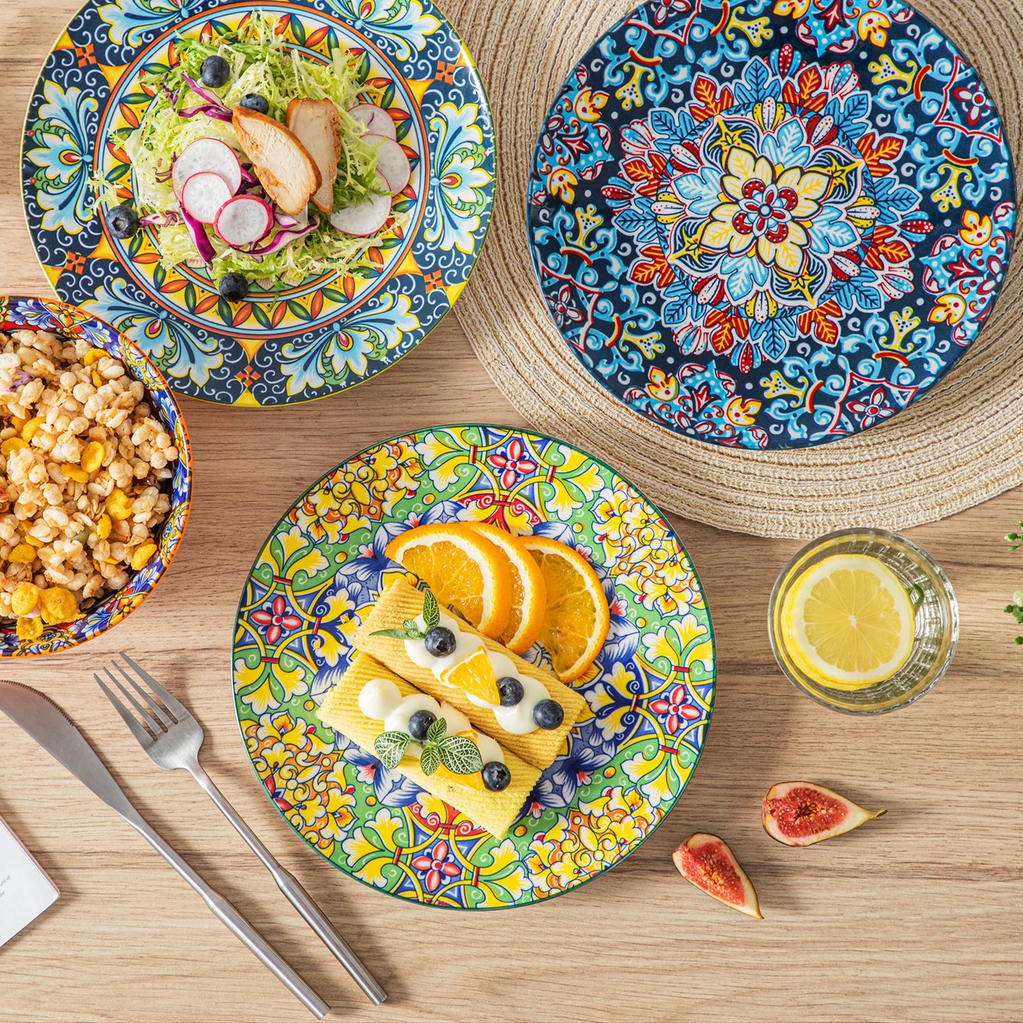 24 PCS Ceramic Dinnerware Set, Porcelain Bohemian Style with Dinner/Dessert Plate/Cereal/Pasta Bowl For 6