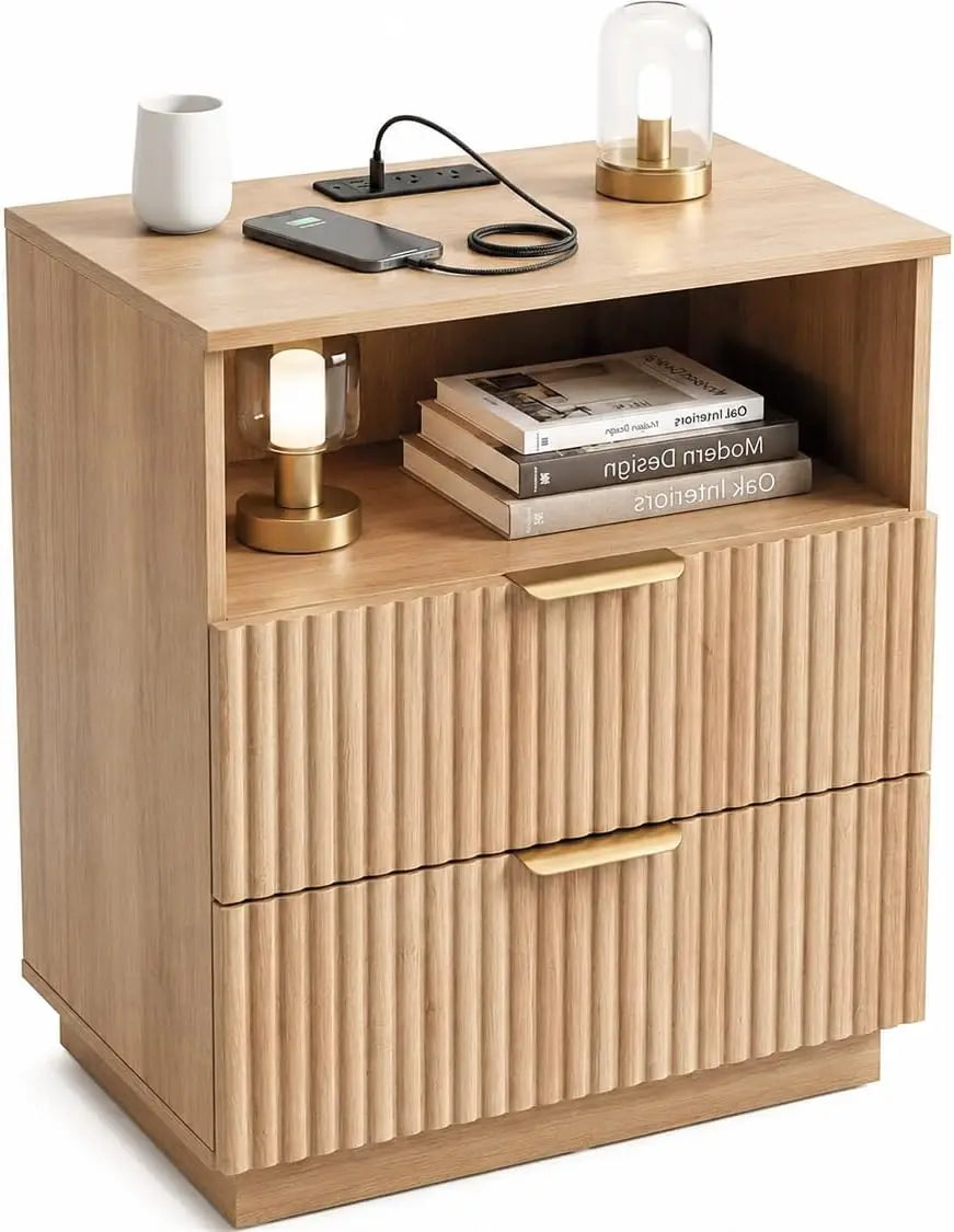 Nightstand with Charging Station, Fluted Bedside Table with 2 Storage Drawers & Open Shelf