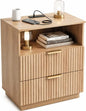 Nightstand with Charging Station, Fluted Bedside Table with 2 Storage Drawers & Open Shelf