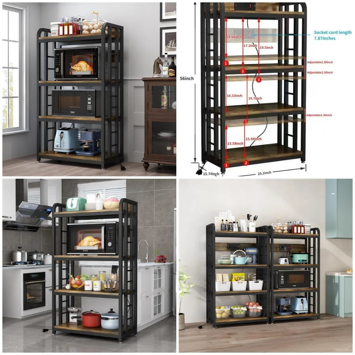 4-Tier Kitchen Bakers Rack with Power Outlet, Microwave Stand, Storage Shelf for Kitchen Organization And Convenience