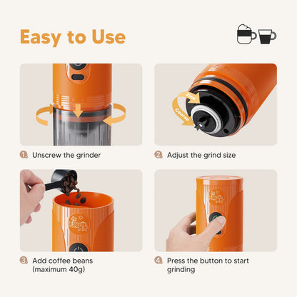 Portable Electric Coffee Bean Grinder, Ceramic Core, Adjustable and Rechargeable