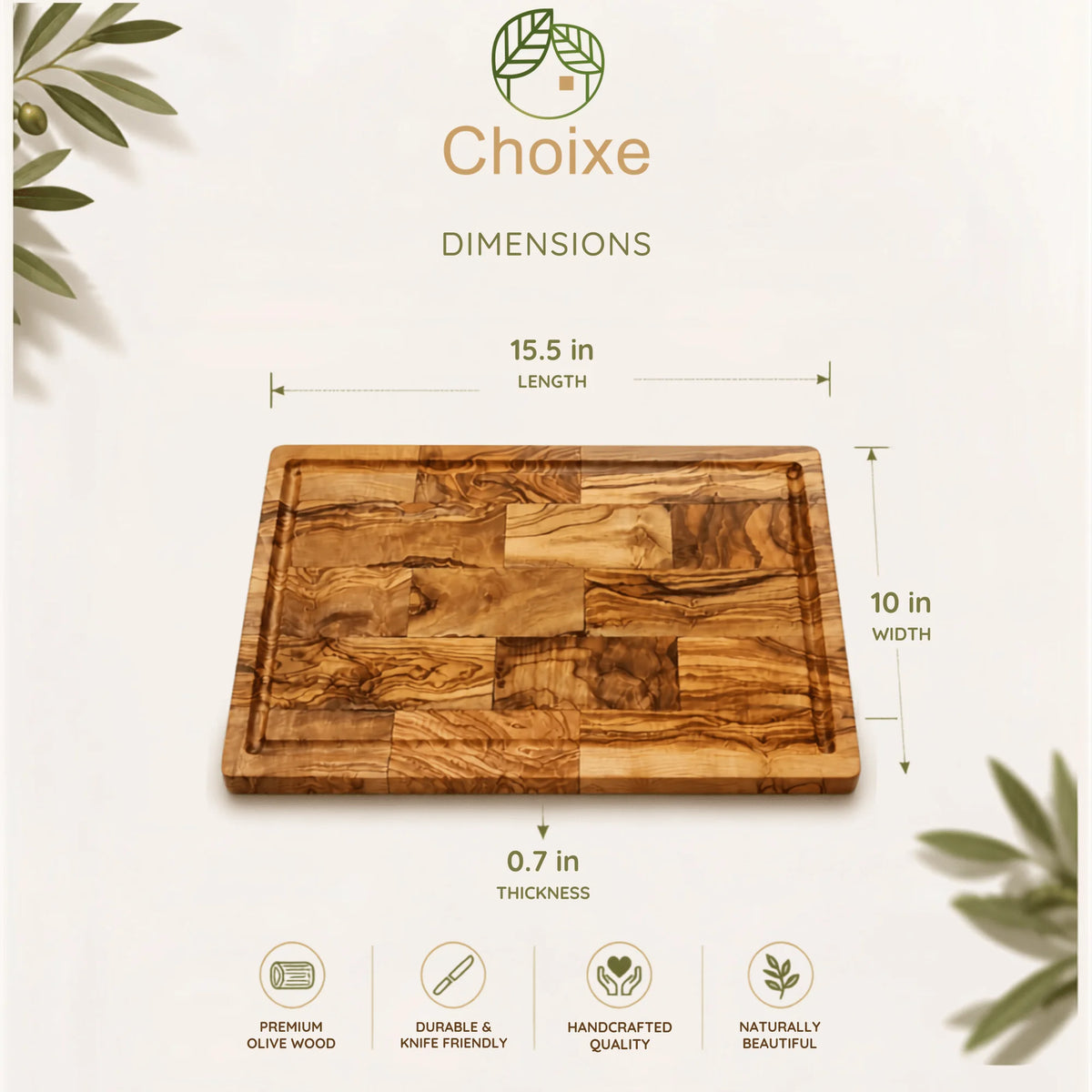 Mediterranean Olive Wood Large Cutting Board with Juice Groove, 15.5" x 10" Charcuterie Platter & Carving Board