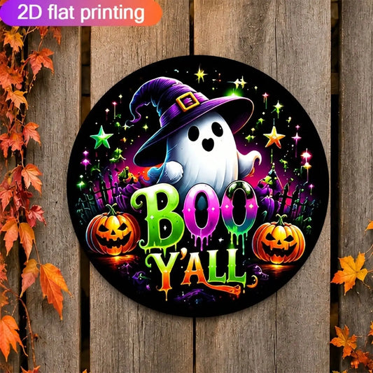 1 Piece Halloween-Themed Aluminum Decorative Sign 7.87* 7.87inch BOO Y'ALL Ghost Pumpkin Pattern Metal