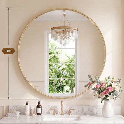 Groove Gold Round Vanity Framed Mirror for Wall, Bathroom Mirror for Over Sink with Matte Metal Frame, Wall Mount