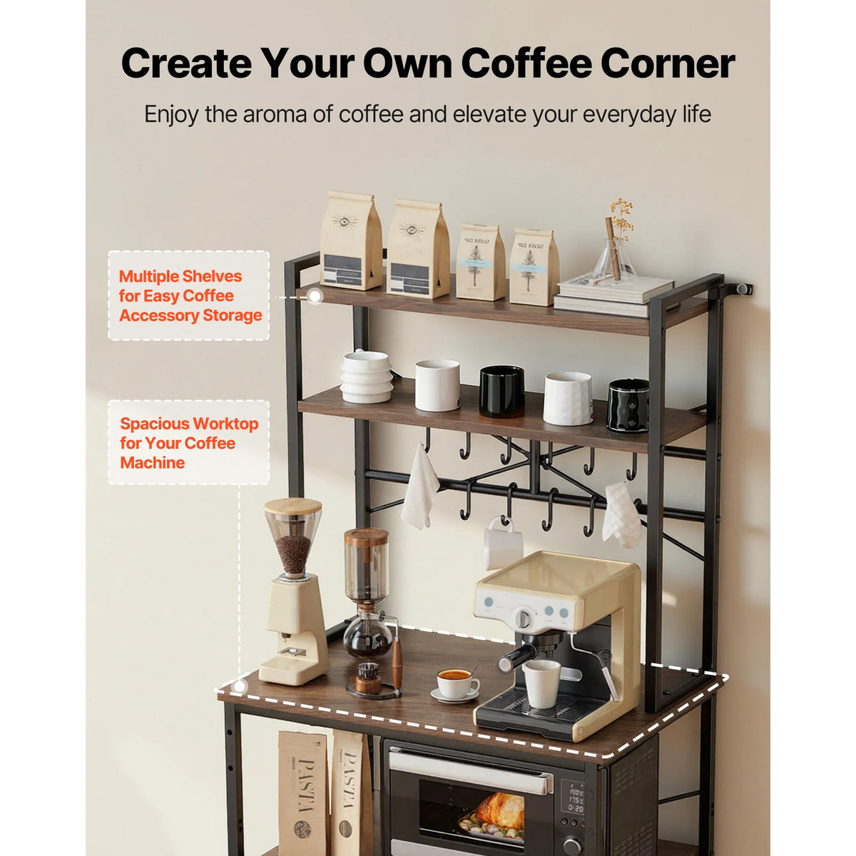 Kitchen Bakers Rack, 23.6 In/31.5 In/35.4 In  Stand with X-Shaped Support Bar, Coffee Bar for Cups & Dishes